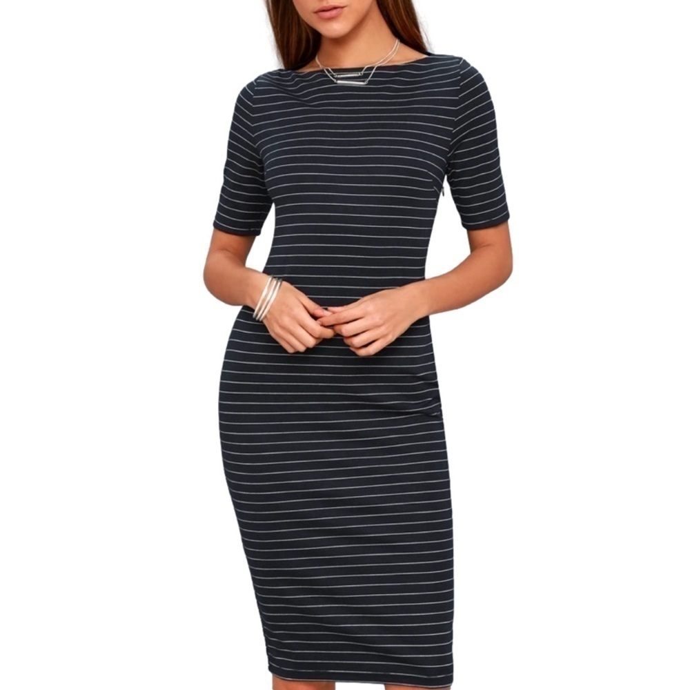 Lulus West Village Striped Bodycon Midi Dress Size Small Black NWT